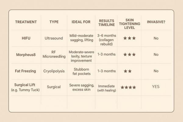 Table showing the comparisons of Skin tightening Potters Bar treatment options.